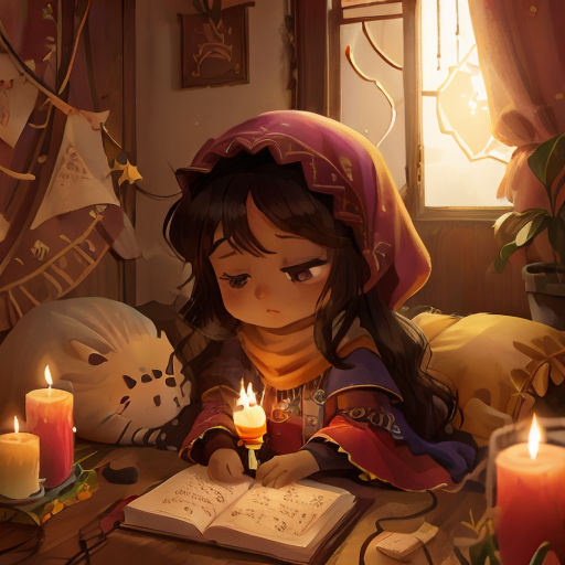 a little girl sitting at a table with a book and a candle in her hand and a teddy bear
