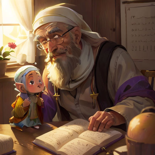a cartoon of a man reading a book with a little girl sitting next to him on a table next to him