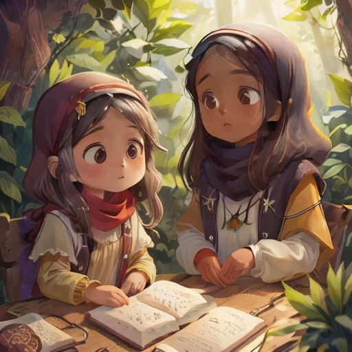 two children sitting at a table with books in front of them, looking at the pages of a book