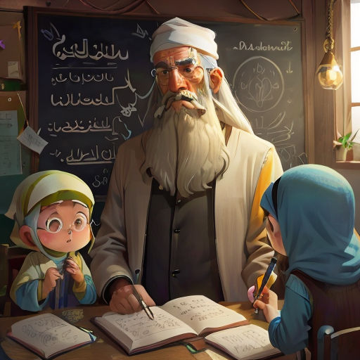 a man with a long beard and a long beard standing in front of a desk with two children and an adult