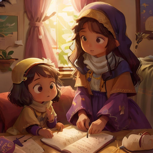 a little girl sitting at a table writing on a book next to a little girl in a dress and bonnet