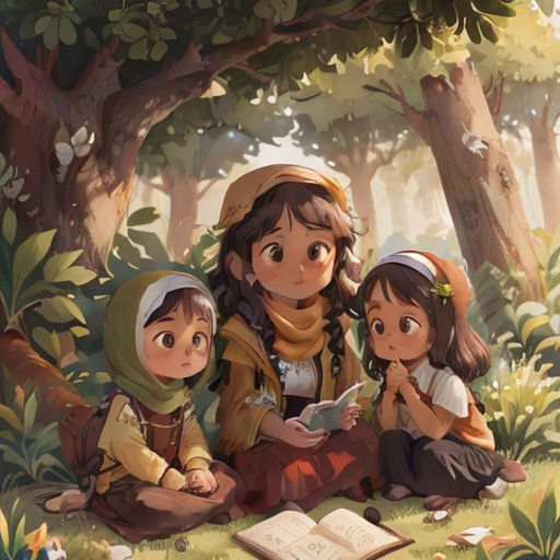 a group of children sitting on the ground in the woods reading a book together, with a book open
