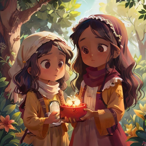 two girls in a forest holding a bowl of food and a candle in their hands, with a tree in the background