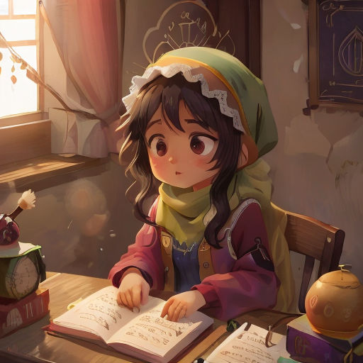 a girl sitting at a table with a book and a lamp in front of her, reading a book