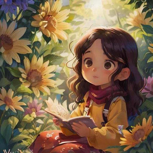 a little girl sitting in a field of sunflowers reading a book with a book bag on her lap