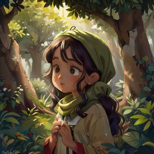 a girl in a green hat and scarf in a forest with trees and bushes, looking at something in the distance