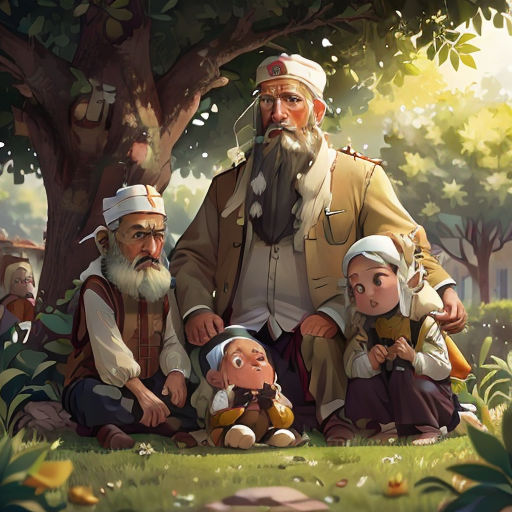 a painting of a man and two children sitting under a tree with a man in a hat and a woman in a dress