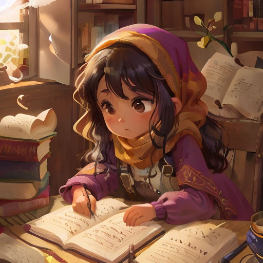 a girl sitting at a desk with a book and pen in her hand and a pile of books in front of her