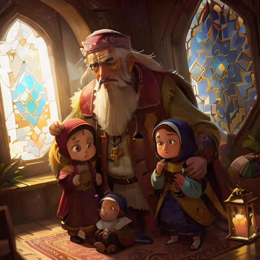 a cartoon of a man and two children standing in front of a stained glass window with a stained glass window behind them