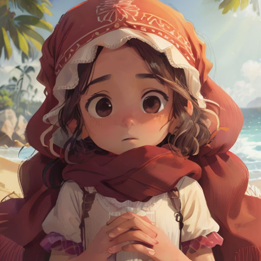 a girl with a red scarf on her head and a red scarf around her neck, standing on a beach