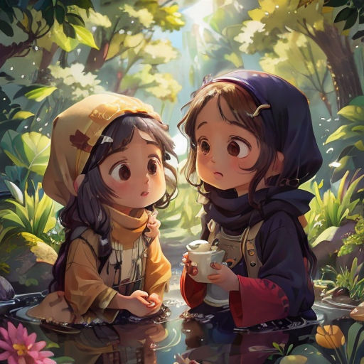 two children sitting on the ground in the woods drinking coffee and looking at each other with a forest background
