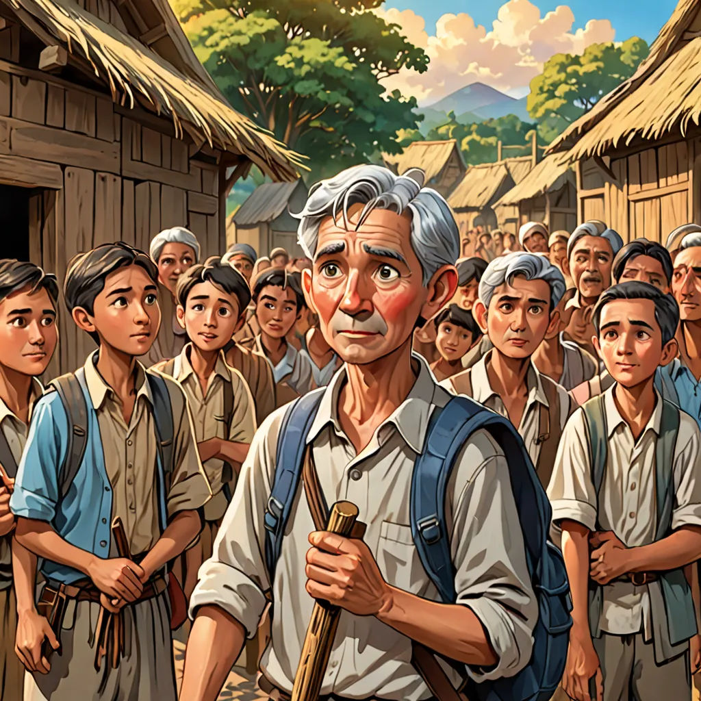 a painting of a man with a cane standing in front of a crowd of people in a village with a hut, serial art, a storybook illustration, Ding Guanpeng, official art