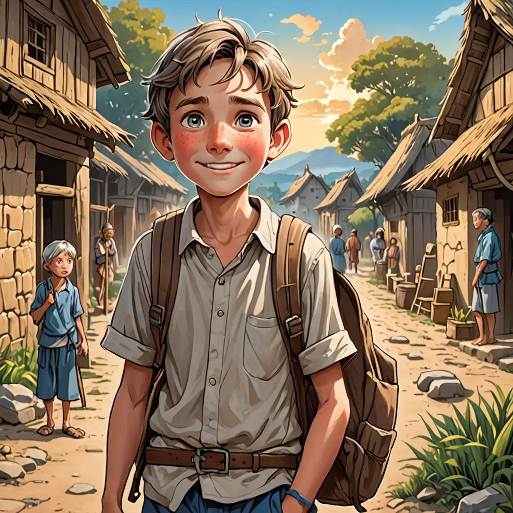 a boy with a backpack is standing in a village with a woman and a boy in the background, and a woman and a boy are standing in the background, magical realism, a storybook illustration, Cedric Seaut (Keos Masons), rossdraws global illumination