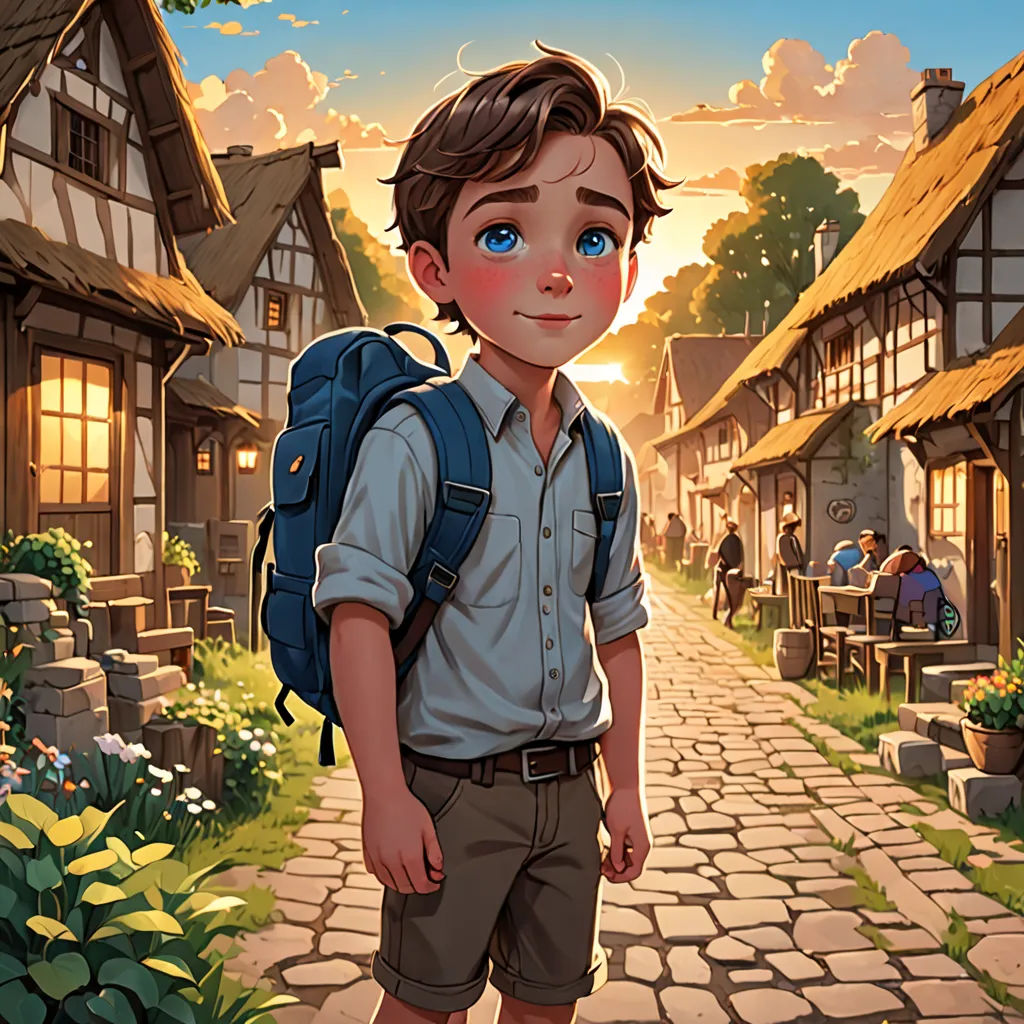 a boy with a backpack standing in front of a village street at sunset with a person sitting on a bench, fantasy art, a storybook illustration, Aaron Jasinski, kinkade