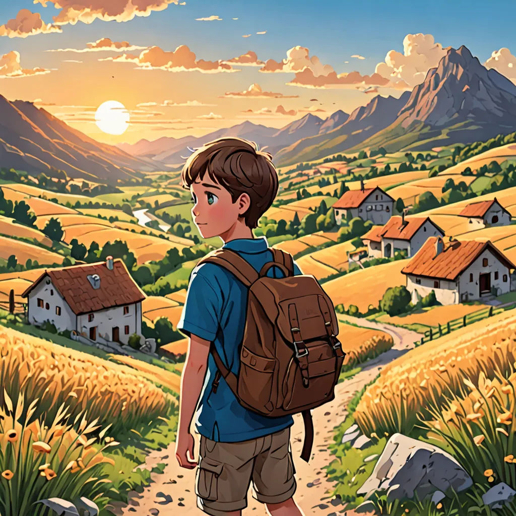 a boy with a backpack is looking at a rural landscape with houses and mountains in the background, and a sunset, fantastic realism, a storybook illustration, Aaron Jasinski, official art