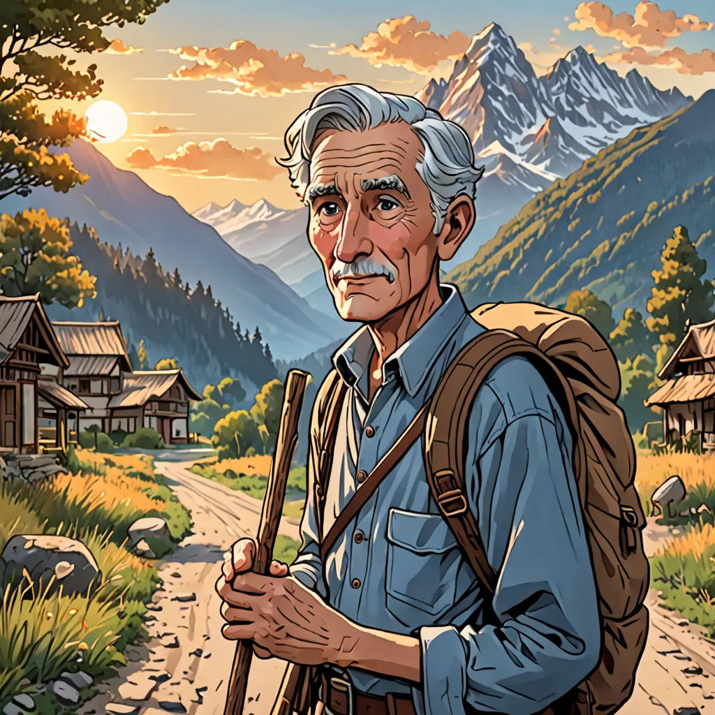 a man with a backpack is walking down a dirt road in the mountains with a mountain range in the background, american realism, a character portrait, Cliff Childs, character portrait