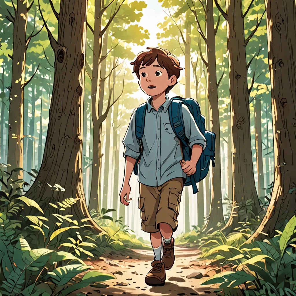 a boy with a backpack walking through a forest with tall trees and ferns on the ground, in the sunlight, rayonism, a comic book panel, Asaf Hanuka, official art