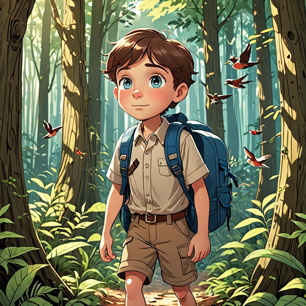 a boy with a backpack is walking through the woods with birds flying overhead in the background and a forest of trees, naturalism, a storybook illustration, Diego Gisbert Llorens, rossdraws global illumination