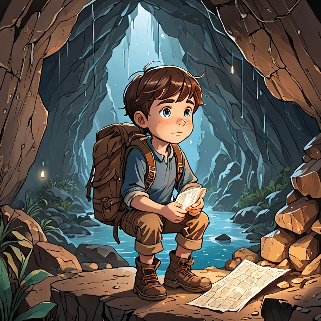 a boy sitting in a cave looking at a map and a paper in his hand while holding a book, fantasy art, a storybook illustration, Diego Gisbert Llorens, official art