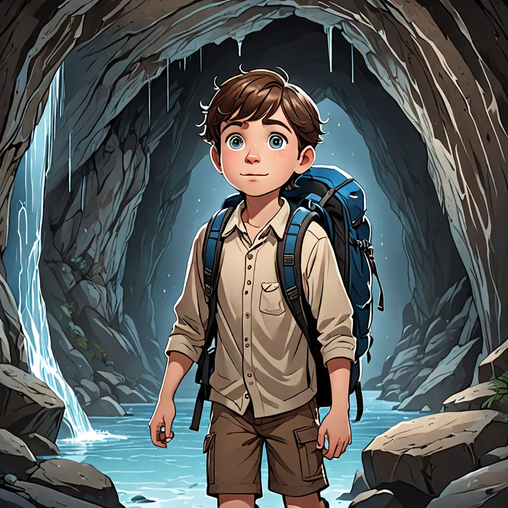 a boy with a backpack is standing in a cave with a waterfall and a waterfall behind him, looking at the camera, environmental art, a character portrait, Cliff Childs, rossdraws global illumination