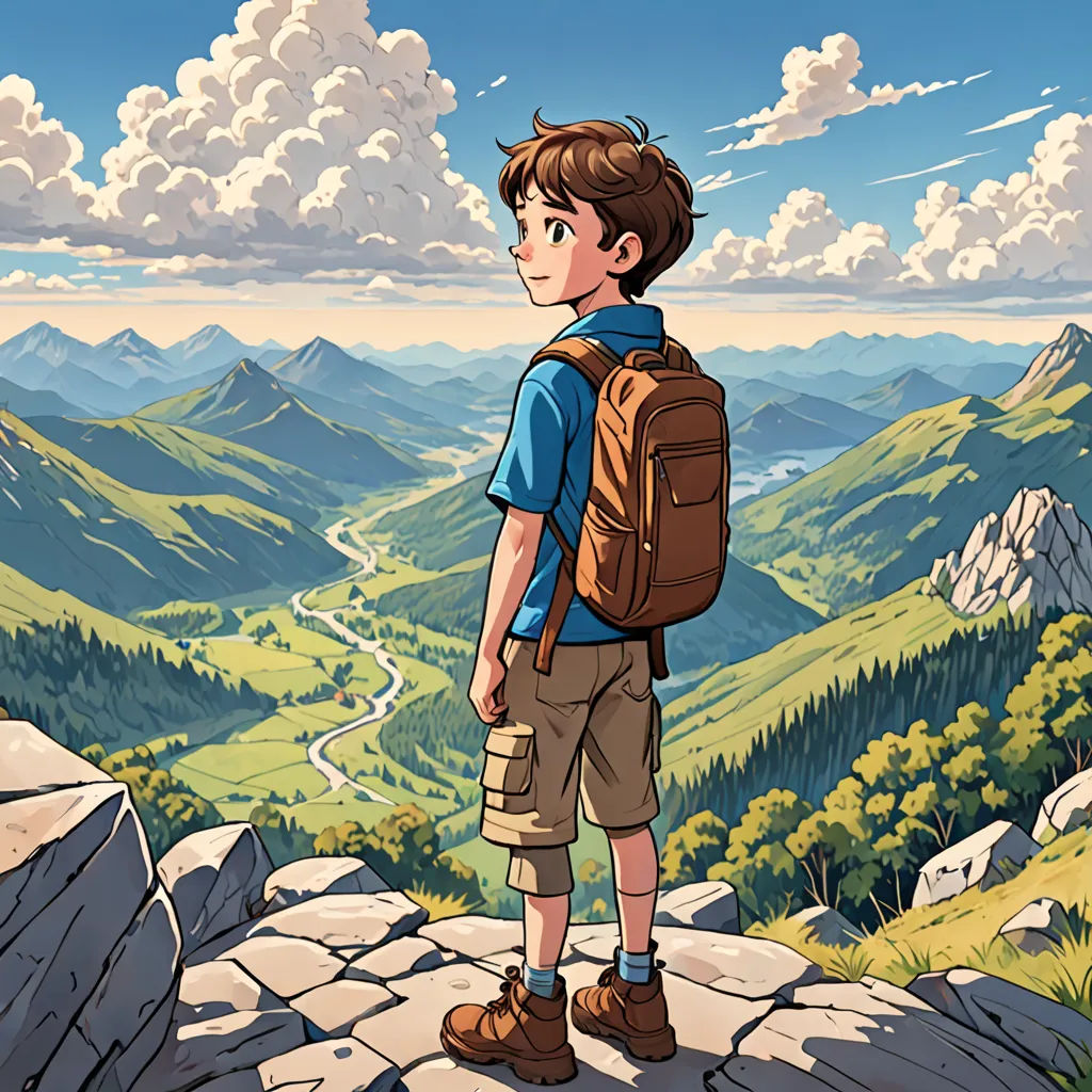 a boy with a backpack standing on a rock looking at a valley and mountains in the distance with a cloudy sky, fantastic realism, a storybook illustration, Aaron Jasinski, yukito kishiro