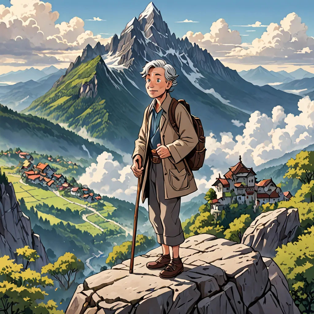 a man standing on top of a mountain with a backpack on his back and a cane in his hand, fantasy art, a detailed matte painting, Christophe Vacher, official art