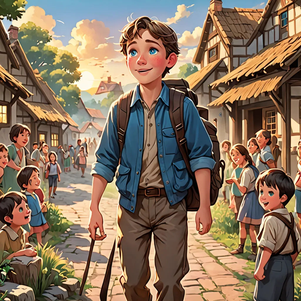 a boy with a backpack and a cane walks down a street with a group of children in the background, american scene painting, a storybook illustration, Aaron Jasinski, kinkade