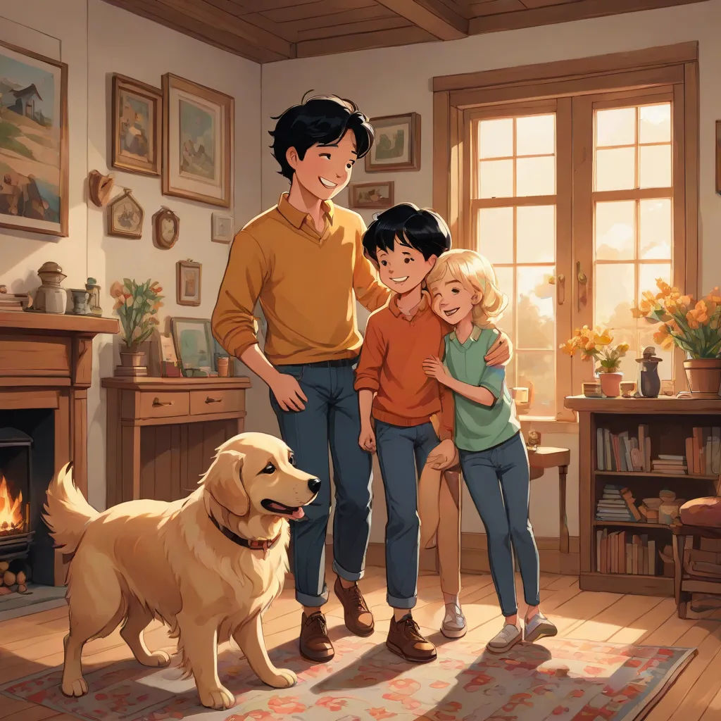 a family standing in a living room with a dog and a fireplace in the background, and a dog standing next to them, Cliff Childs, american scene painting, a storybook illustration, official art