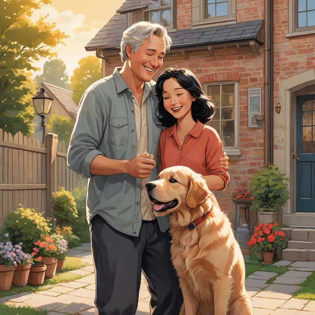 a painting of a man and woman walking a dog in front of a house with a dog on the sidewalk, F Scott Hess, american scene painting, a storybook illustration, official art