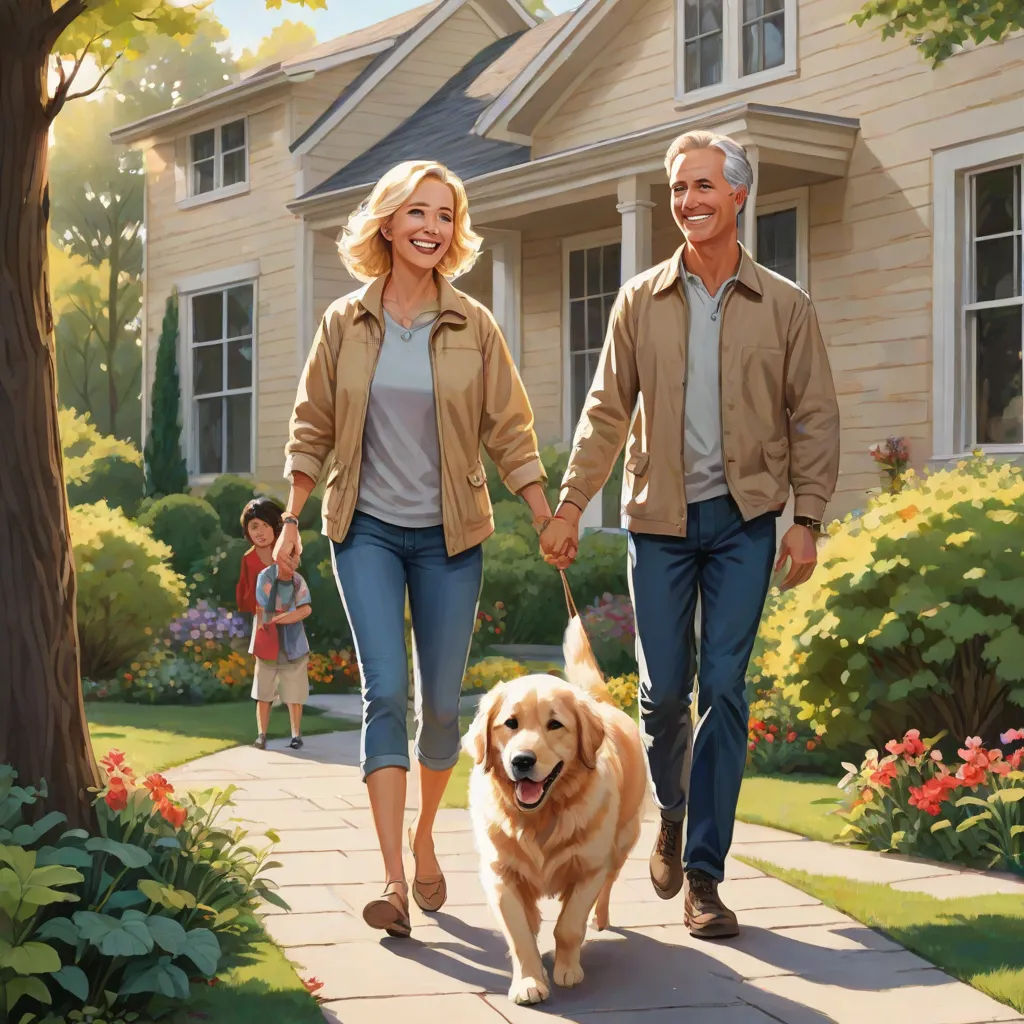 a man and woman walking a dog down a sidewalk with a child and a dog on a leash behind them, F. Scott Hess, american scene painting, a digital rendering, promotional image