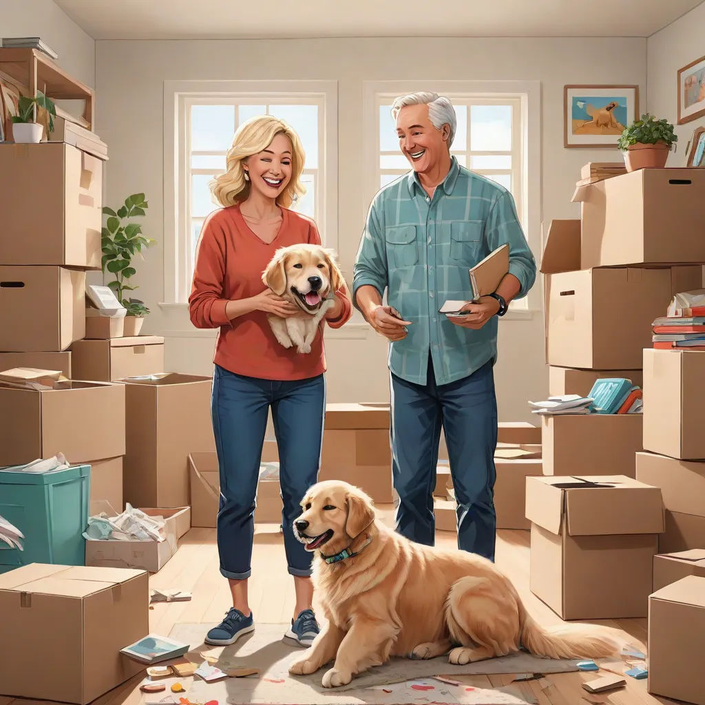 a man and woman standing in a room with a dog and boxes on the floor and a dog on the floor, F. Scott Hess, american scene painting, a storybook illustration, promotional image