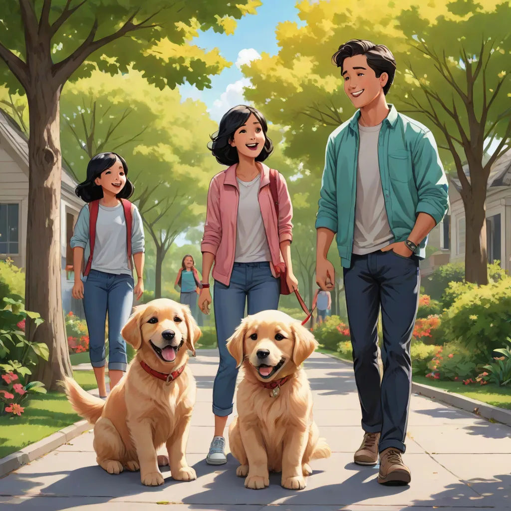 a man and woman walking two dogs down a sidewalk with a man and two children walking behind them and a dog sitting on the sidewalk, David Park, american scene painting, a storybook illustration, official art