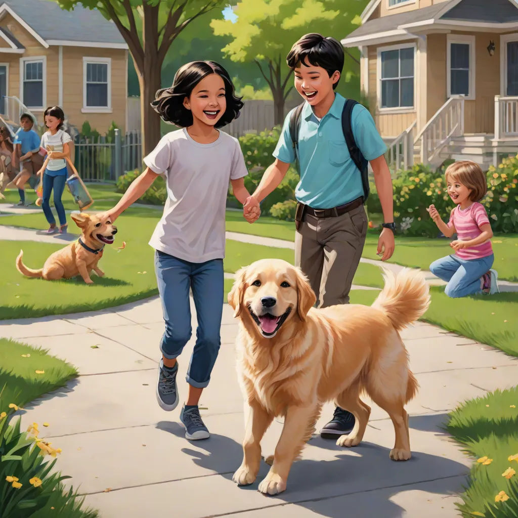 a painting of a boy and girl walking a dog down a sidewalk with their parents and two dogs on a leash, F Scott Hess, american scene painting, a storybook illustration, official art
