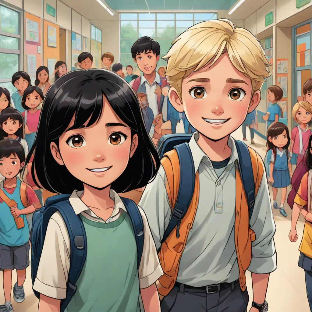 a boy and a girl standing in front of a crowd of people in a school hallway with backpacks, David Park, paris school, a comic book panel, official art