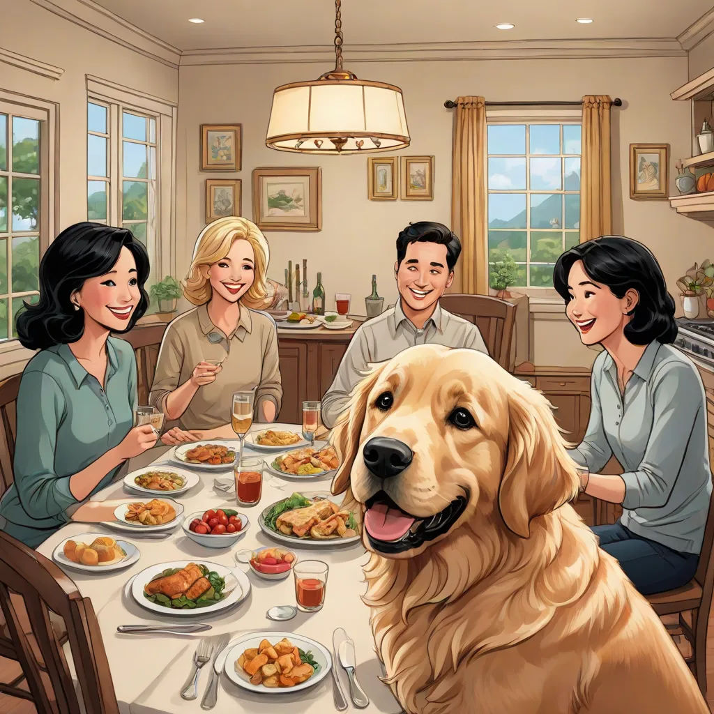 a family sitting at a table with a dog in front of them eating dinner together with their dog on the table, F Scott Hess, american scene painting, a storybook illustration, promotional image