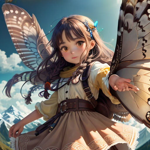 a girl with a butterfly wings on her head and a dress on her body, standing in front of a mountain