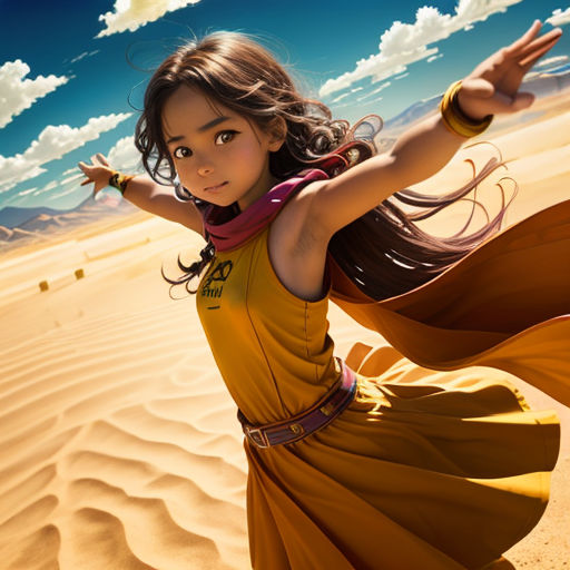 a girl in a yellow dress is dancing in the desert with a sky background and clouds in the sky