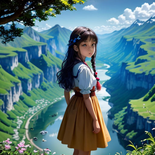 a girl standing on a hill looking at a valley with mountains in the background and flowers in the foreground