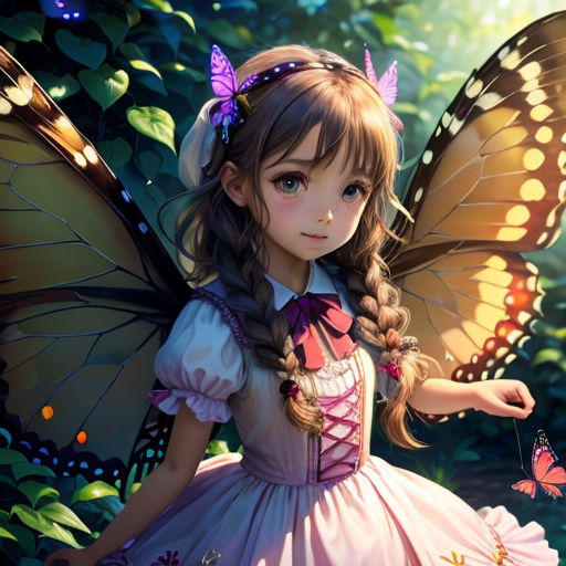 a little girl dressed in a fairy costume with a butterfly on her shoulder and a butterfly on her shoulder