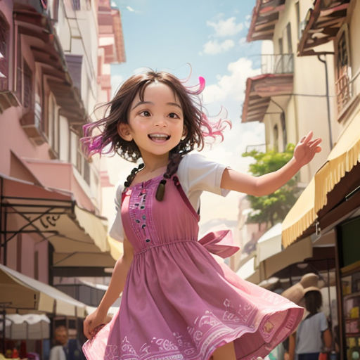 a young girl in a pink dress is walking down a street in a city with buildings and people in the background