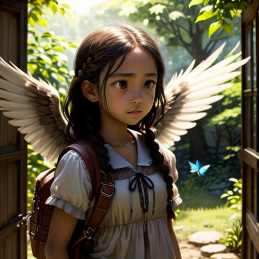 a young girl with a backpack and wings on her back standing in a doorway with a butterfly flying overhead