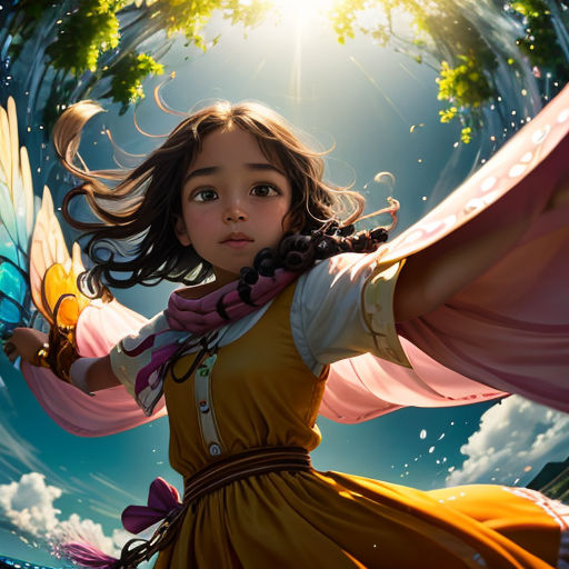 a girl in a dress holding a butterfly in her hands and a sky background with clouds and trees in the background