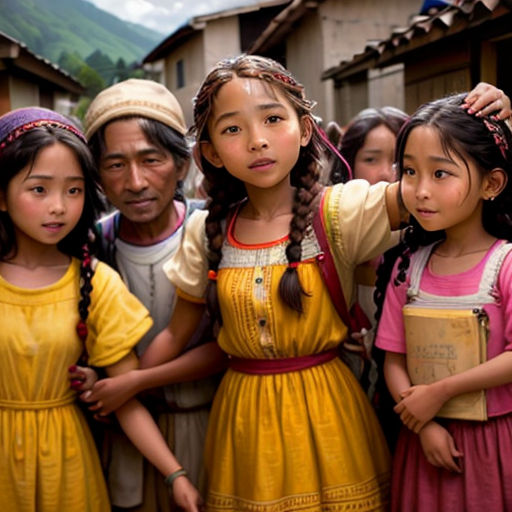 a group of children standing next to each other in front of a building with mountains in the background and a man standing behind them