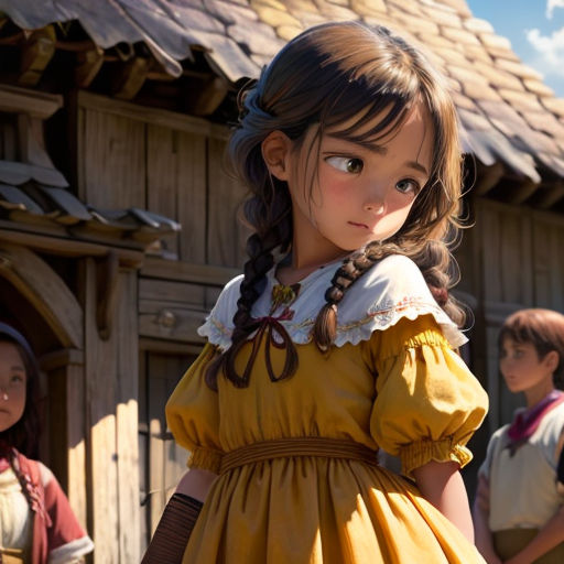 a little girl in a yellow dress standing in front of a wooden building with other children standing around her