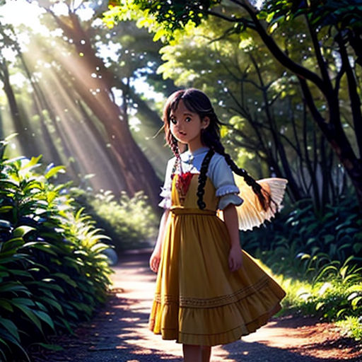 a little girl in a yellow dress is standing on a path in the woods with sunbeams behind her