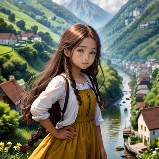 a girl in a yellow dress standing in front of a river and mountains with a village in the background