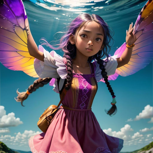 a young girl dressed in a fairy costume under water with wings and a purse on her hip, holding a purse
