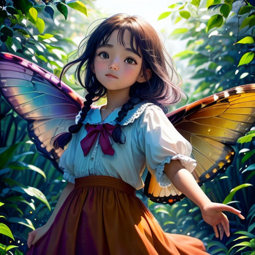 a girl in a dress with a butterfly wings on her shoulder and a butterfly wings on her shoulder, standing in a forest
