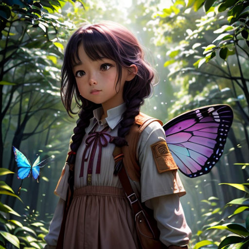 a young girl with a butterfly on her shoulder in a forest with a butterfly on her shoulder and a butterfly on her shoulder