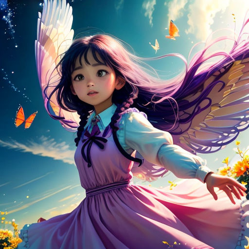 a girl in a dress with purple hair and wings flying through the air with butterflies in the background and a blue sky